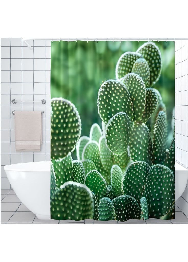 Шторка для ванной и душа с кольцами 180x180 см водоотталкивающая, шторка для ванной и душевой с крючками, принт кактусы No Brand (373017920)