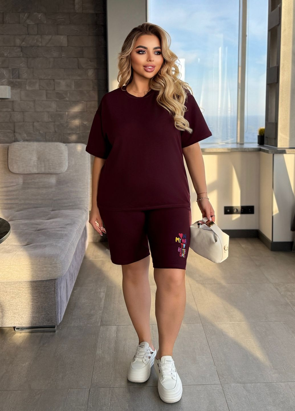 Костюм женский летний оверсайз из двунитки Penye (футболка + шорты) No Brand (336965530)