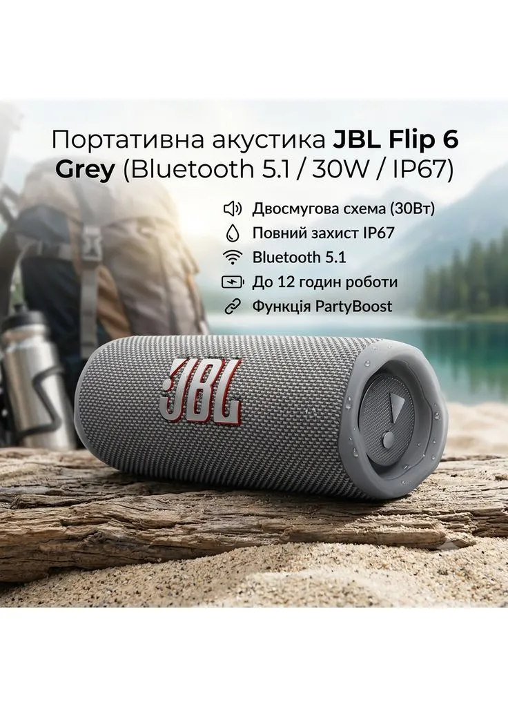 Портативная акустика Flip 6 Grey (Bluetooth 5.1 / 30W / IP67) JBL (408481106)