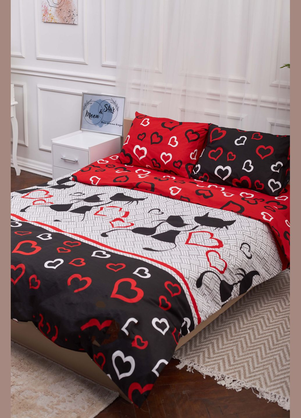 Комплект постільної білизни полуторний євро 160х220 наволочки 2х40х60 Бязь Gold Люкс (MS-820001168) Moon&Star Love Cats (285716962)