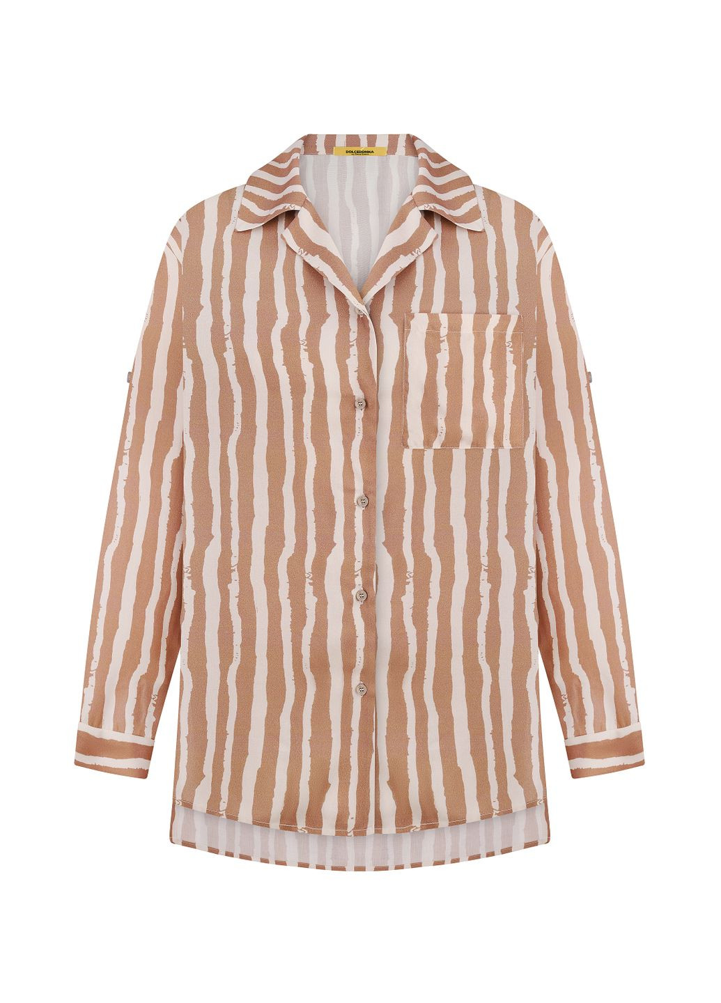 Бежевая рубашка в коричнево-бежевую полоску по вискозе в пижамном стиле кассандра Dolcedonna