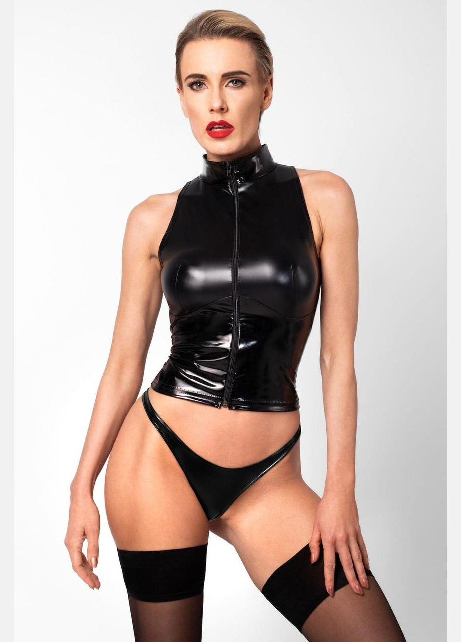 Черный демисезонный топ noir handmade f324 glam wetlook top with vinyl corset - s No Brand