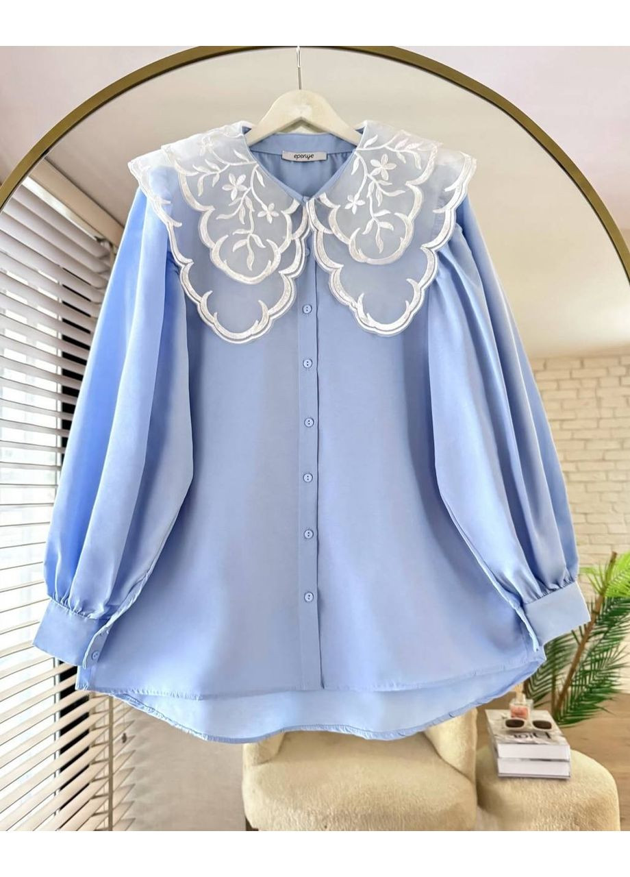 Блакитна жіноча блузка у французькому стилі з відкладним комірцем Delvinss