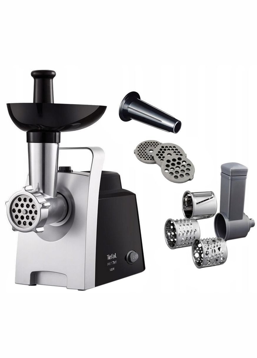 М'ясорубка HV1 7in1, 1400Вт, 1.7кг/хв, 3 решітки, насадка для ковбас, 3 терки, пластик, чорно-сріб. Tefal (314747306)