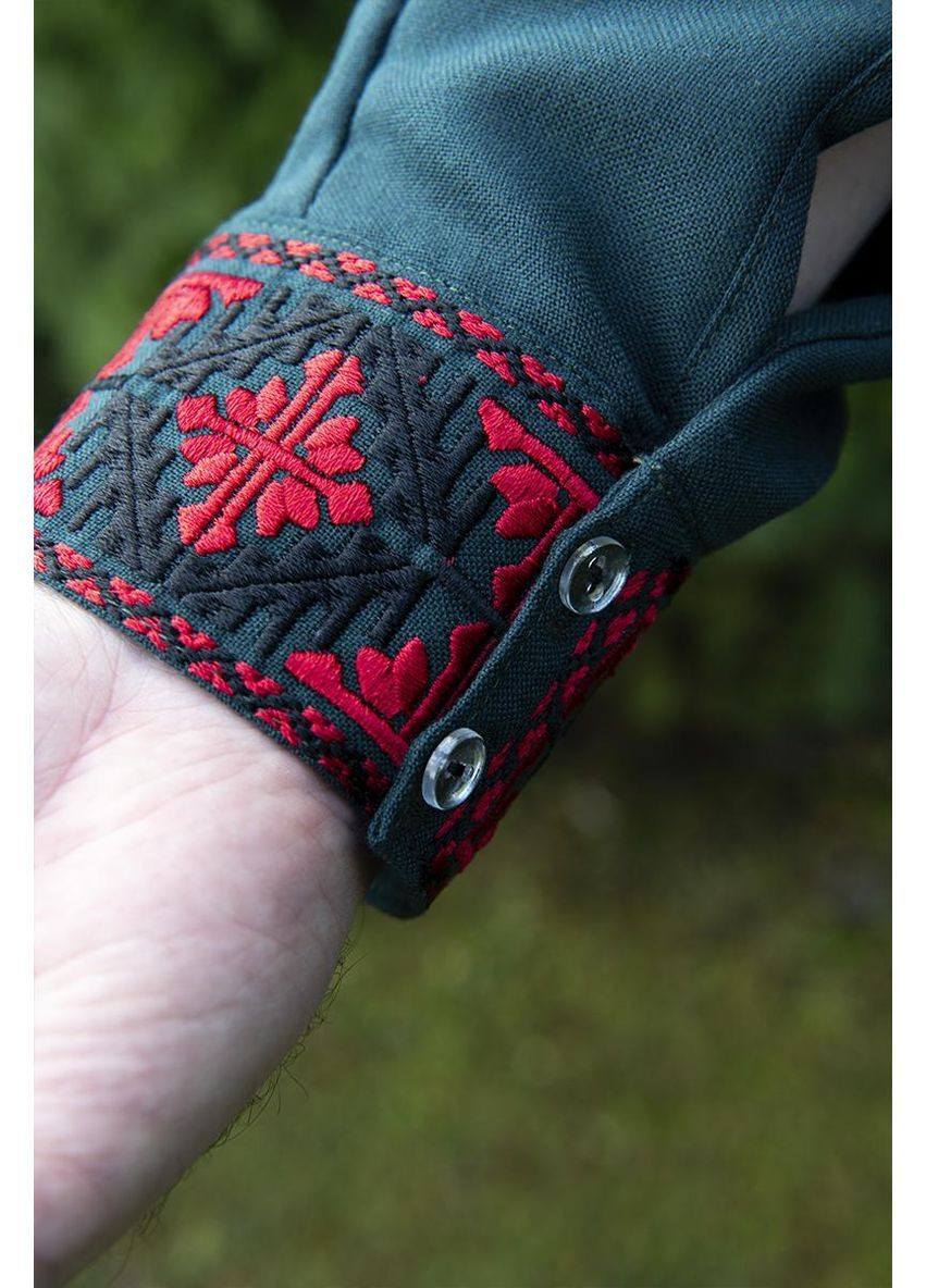 Зелёная мужская вышиванка украинская рубашка из льна традиционная, вышиванка для мужчин V&V узор орнамент прямой, приталенная, свободная лен (366812695)