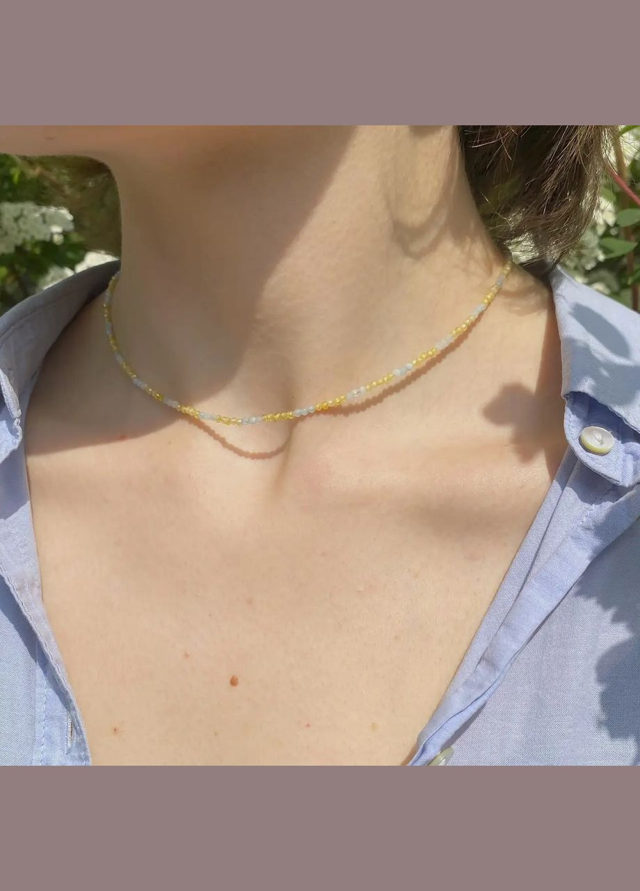 Чокер природный Аквамарин+Желтый Циркон,гипоаллергенная фурнитура цвет золото d-2.2мм+- L-38-43см No Brand циркон, аквамарин латунь золото (303630118)