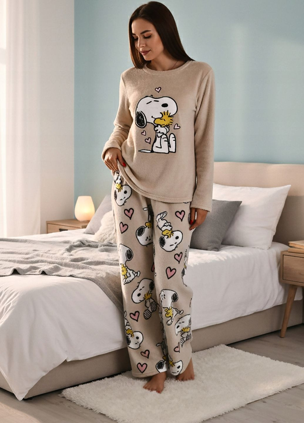 Бежевая зимняя мягкая плюшевая пижама eanuts snoopy домашний комплект бежевый (8149) свитшот + брюки Primark