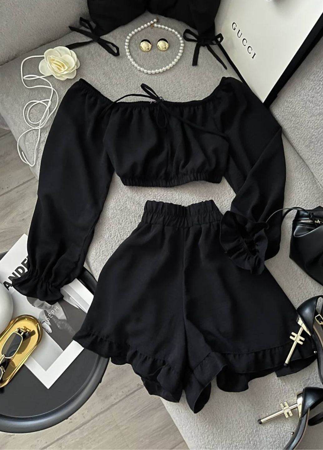 Вишуканий легкий літній костюм двійка з рюшами: топ + шорти Allthings (344448318)