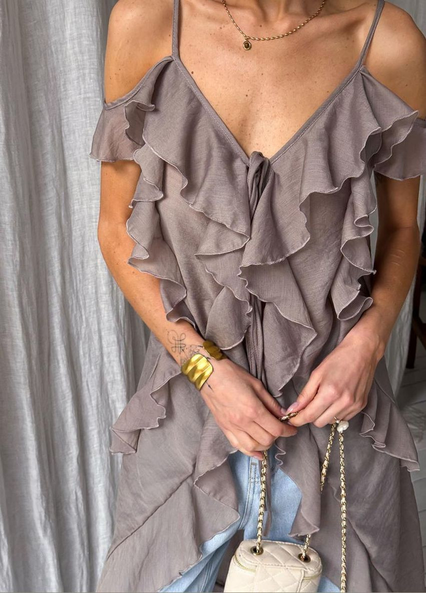 Коричневая блузка с воланами длинная Art Knit