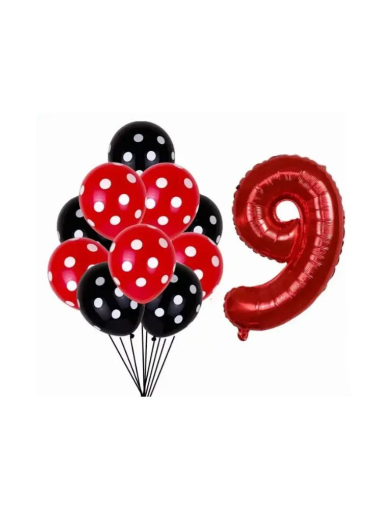 Шарики Леди Баг и шарик цифра 9 11 штук 32 дюйма красно-черный Jannet кулька (337339662)