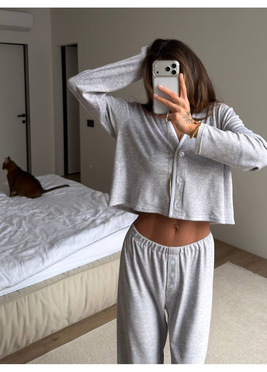 Сіра зимня жіноча піжама трійка сорочка + топ + брюки Asi.Store.ua