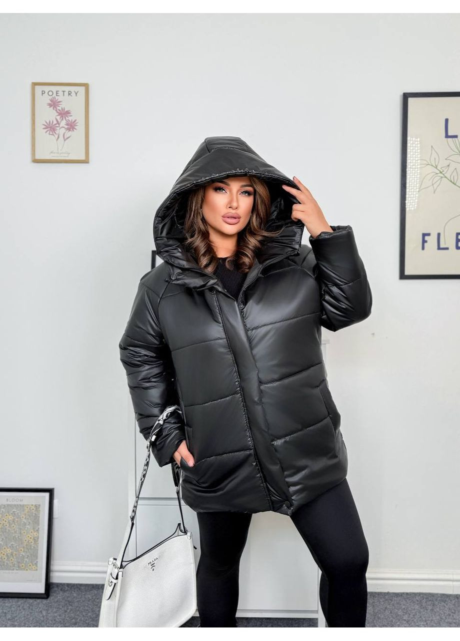 Чорна зимня жіноча куртка з плащівки на синтепоні — заміри в описі куртка-пальто GD/GL Модний простір