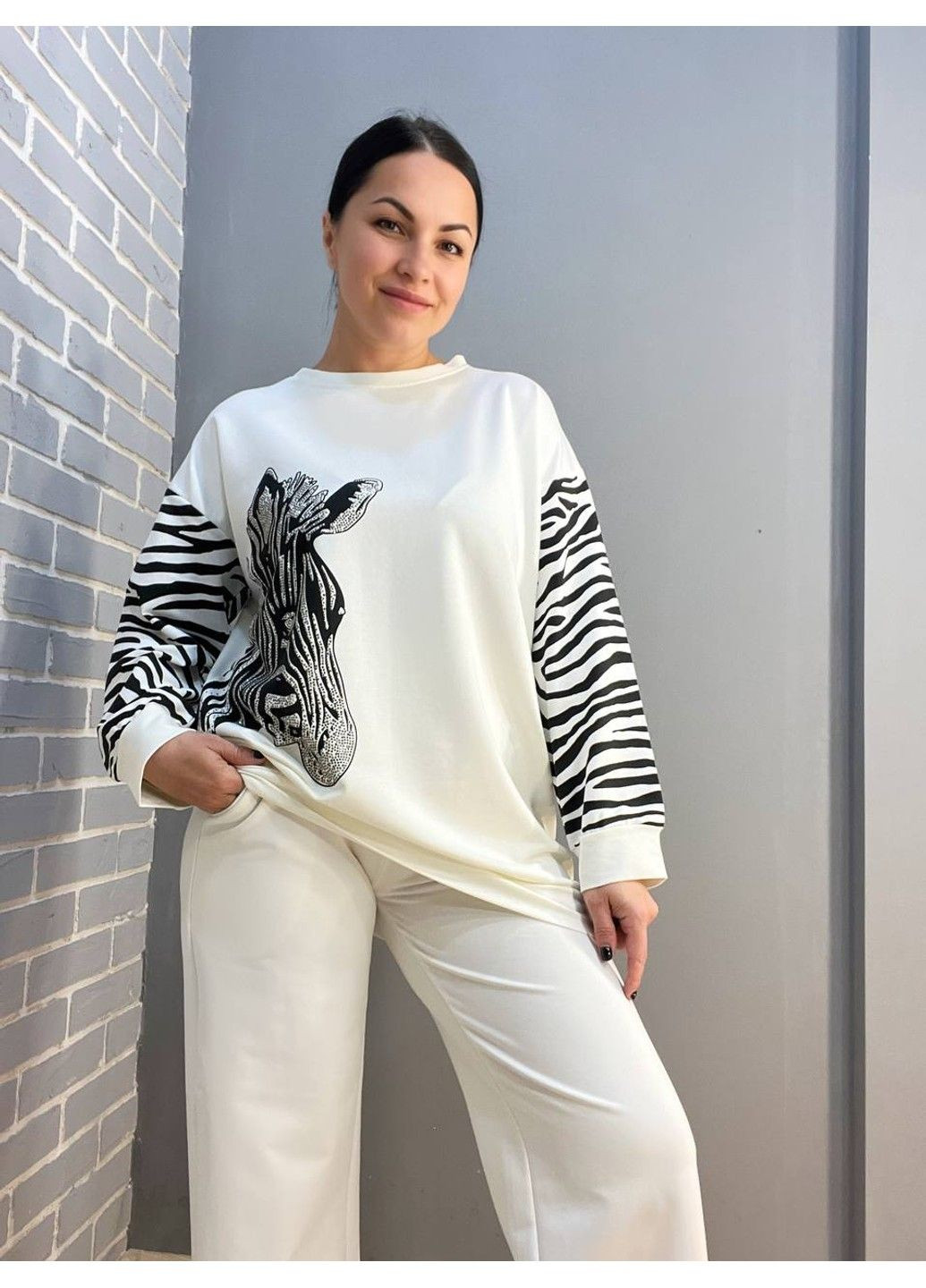 Костюм женский 6030-4827 реглан удлиненный зебра камни и брюки палаццо широкие LSK (304291630)