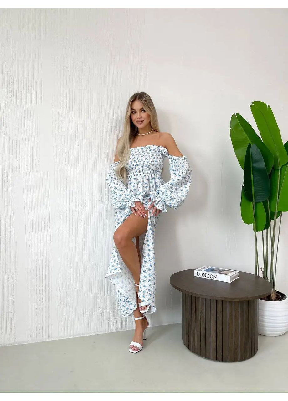 М'ятна довга муслінова сукня білого кольору в рожеві сердечка No Brand