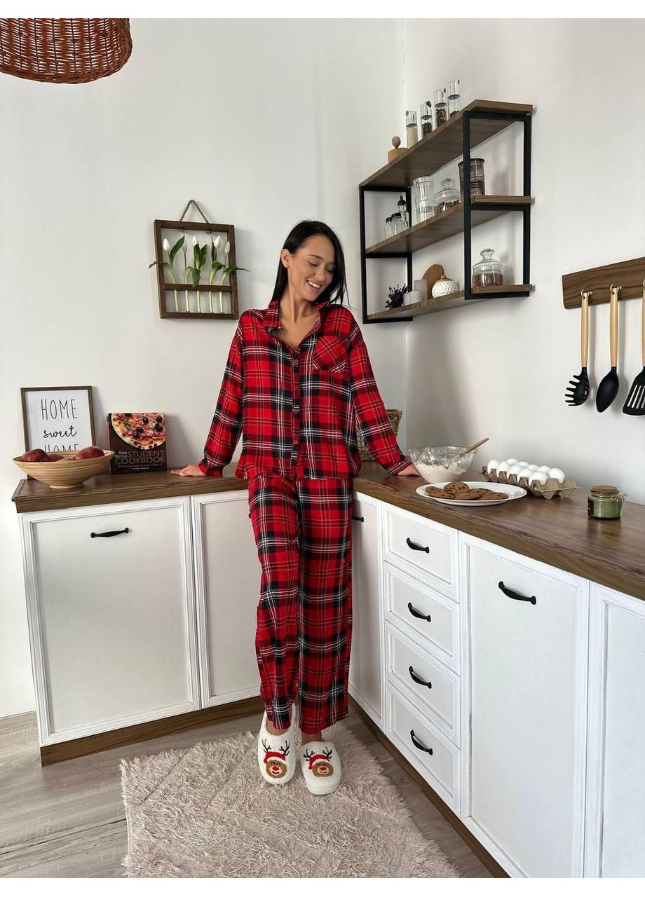 Красная женская пижама из вискозы в красно-черную клеточку / женская вискозная пижама с длинными рукавами и брюками / домашняя женская пижама No Brand