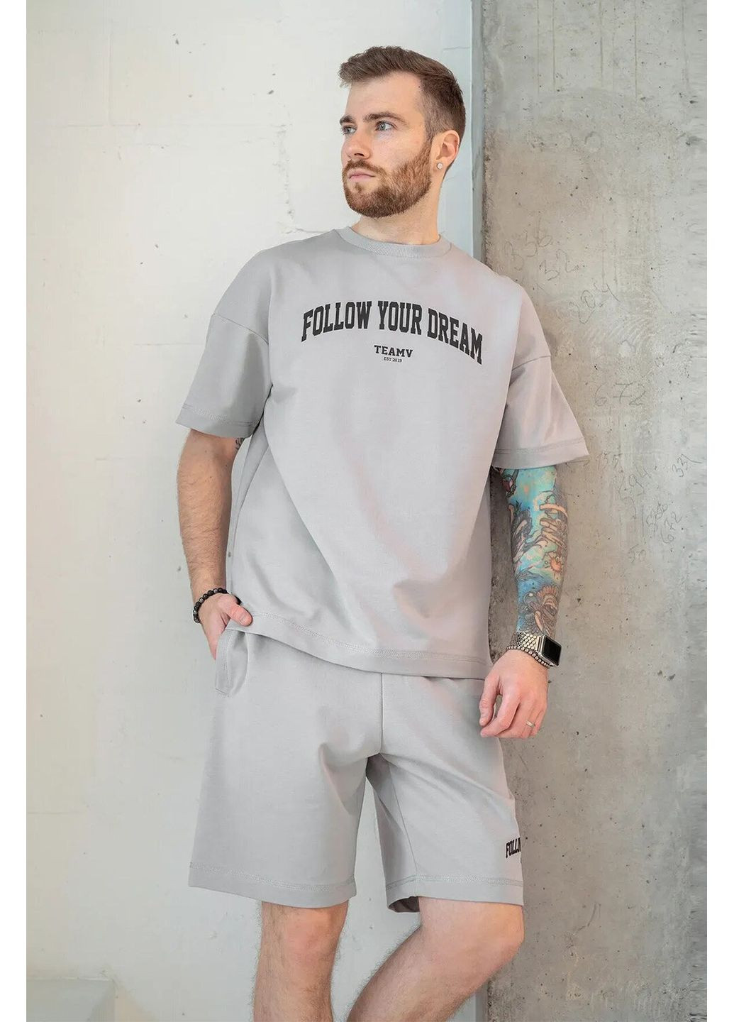 Сірий літній чоловічий літній костюм із принтом dream сірий Teamv