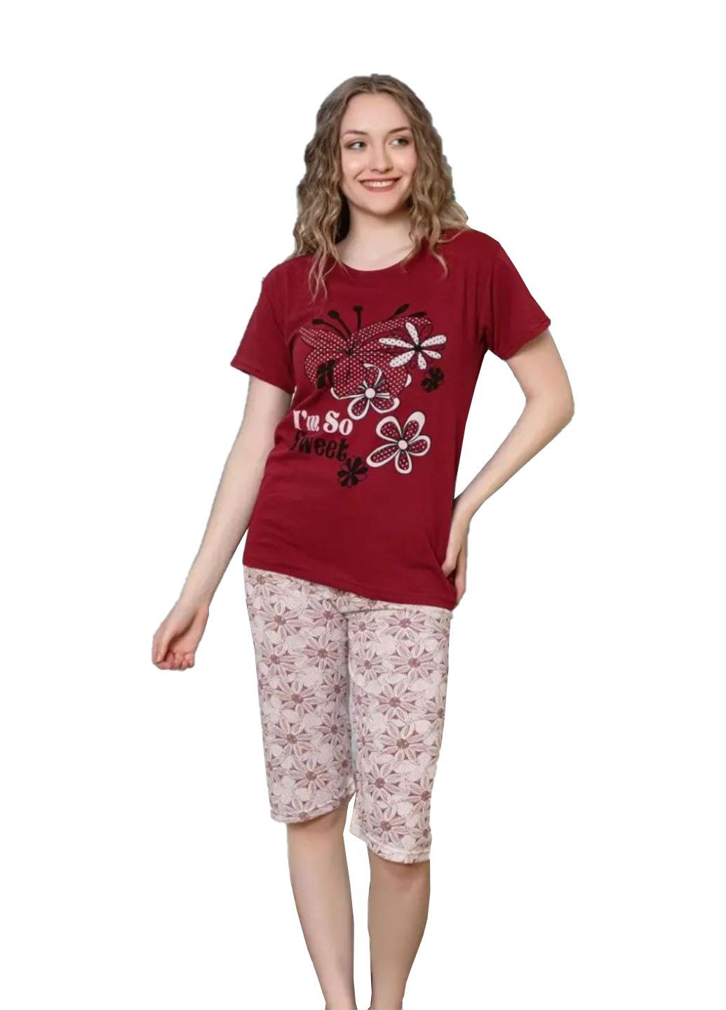 Бордовая пижама хлопок футболка + капри Ruyam