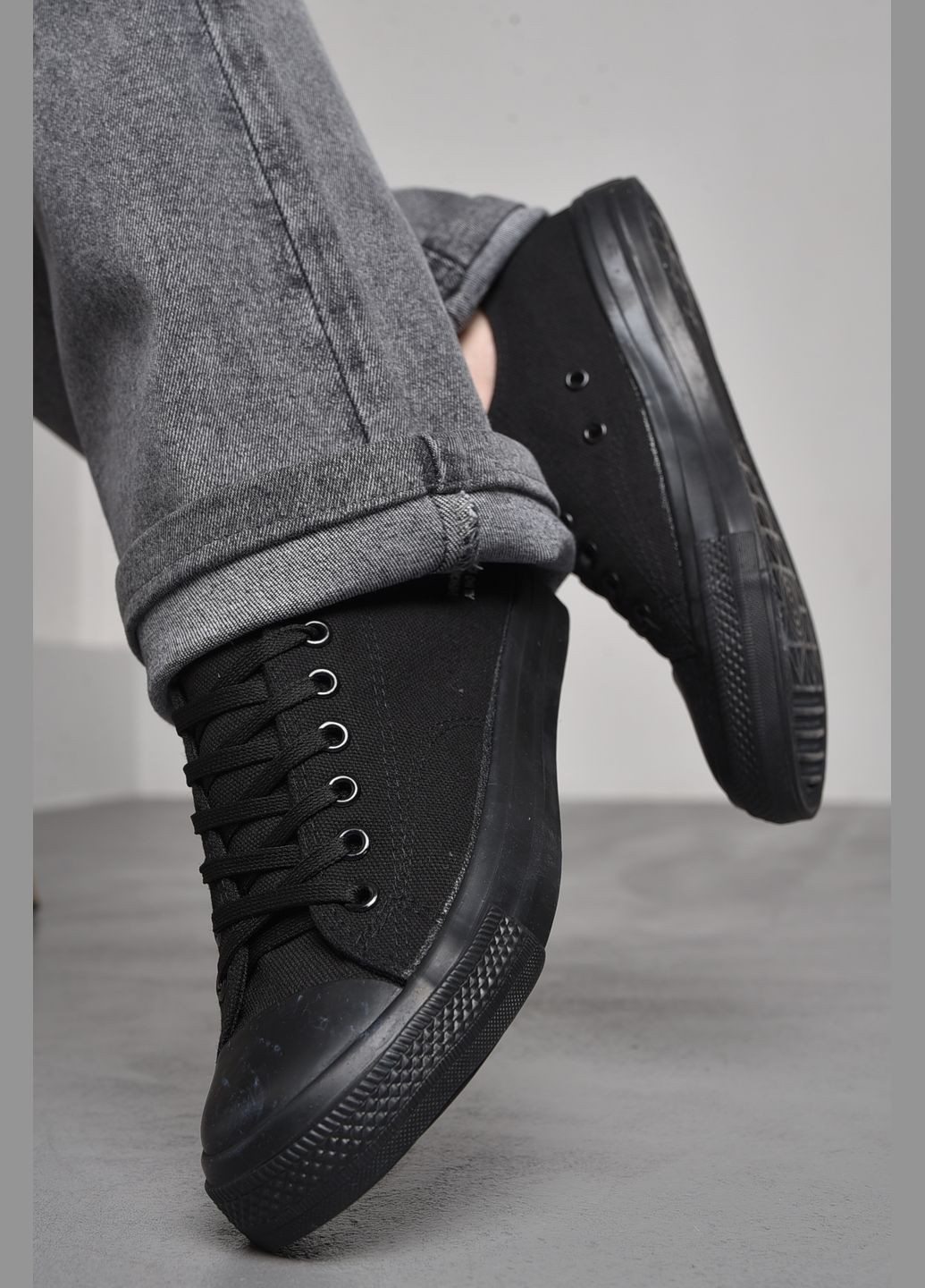 Чорні кеди жіночі чорного кольору на шнурівці текстиль Let's Shop