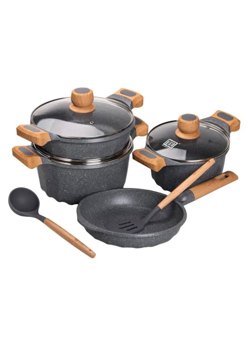 Набор посуды, 3 кастрюли, алюминиевая толстодонная кастрюля с лопаткой и половником серый HP-4-401G MGC (353504598)