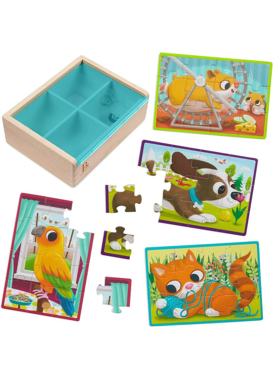 Набор деревянных пазлов "Животные" 4 шт. по 12 эл. B. toys Animal Wooden Puzzle Set Battat (338425533)