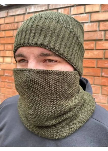 Чоловічий зимовий комплект шапка-хомут хакі, в’язаний набір 56–60 см з акрилу на подвійній флісовій підкладці No Brand (363052223)