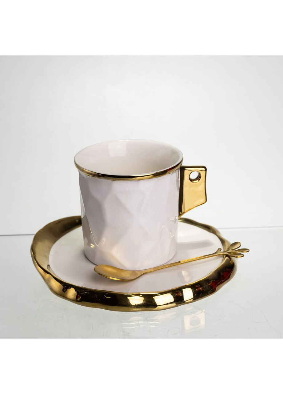 Чашка порцелянова для кави 200 (мл) з блюдцем і ложкою, гарна чашка в подарунок Білий із золотом FM-1B Yiwu (370973917)