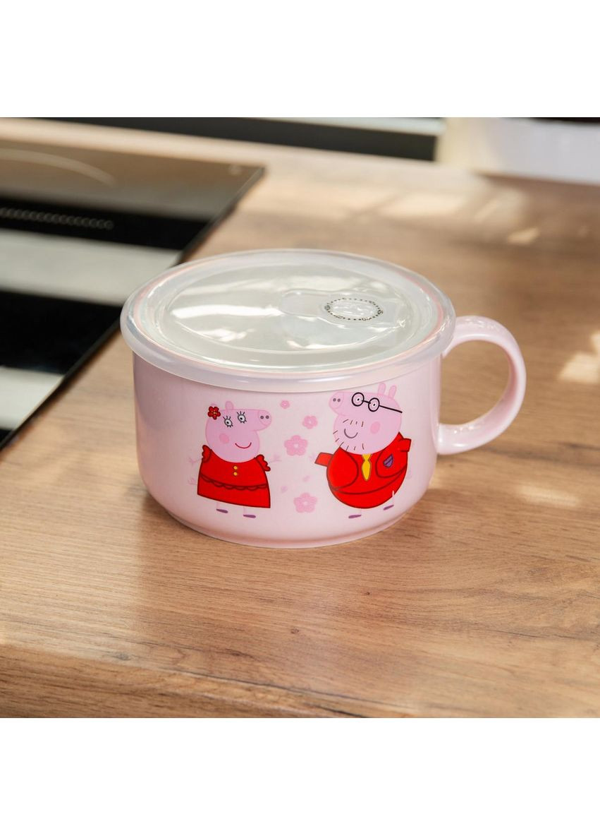 Миска для локшини порцелянова 770 мл із герметичною кришкою рожева HP-15-12 Yiwu (368766988)