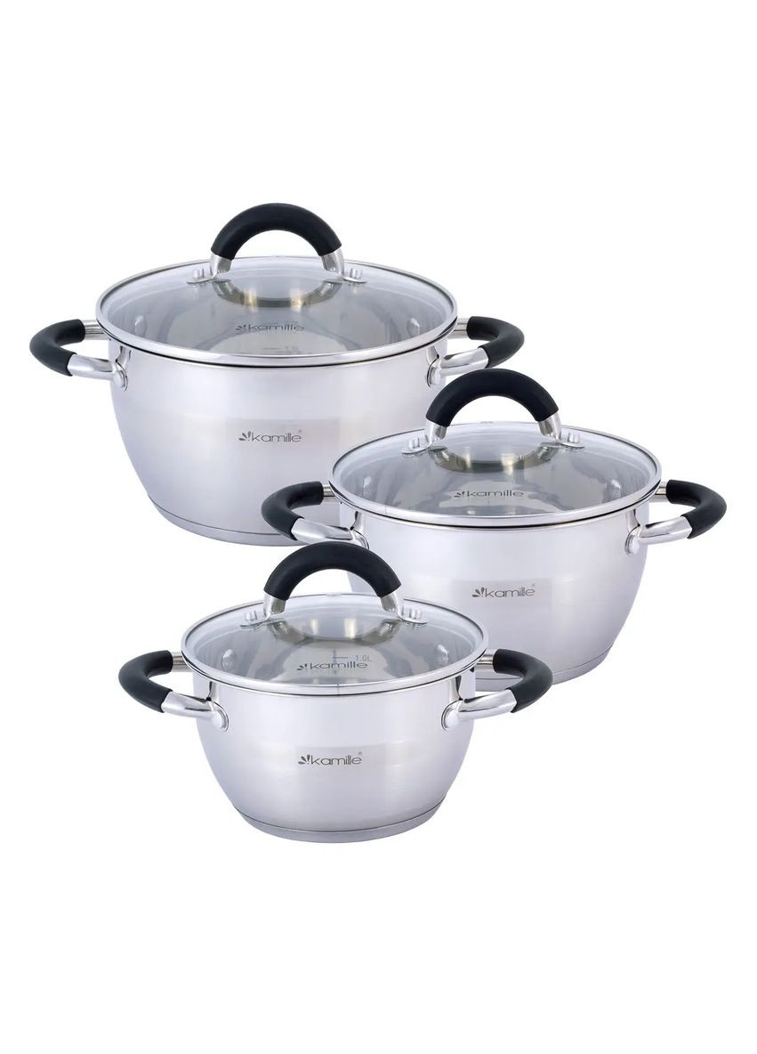 Набор кастрюль из нержавеющей стали 6 предметов для индукции и газа (1.8л, 2.5л, 3.5л) KM- hjk Kamille 5754 (360880132)