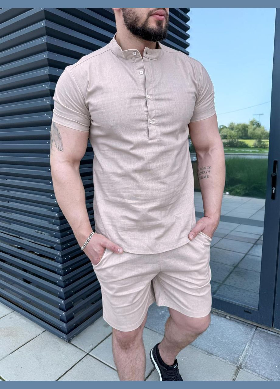 Бежевий літній чоловічий лляний комплект на літо з сорочкою, з шортами Vakko