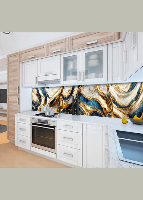 Кухонная панель жесткая ПЭТ мрамор синий с золотом и белым, с двухсторонним скотчем 62 х 305 см, 1,2 мм Декоинт (278288716)