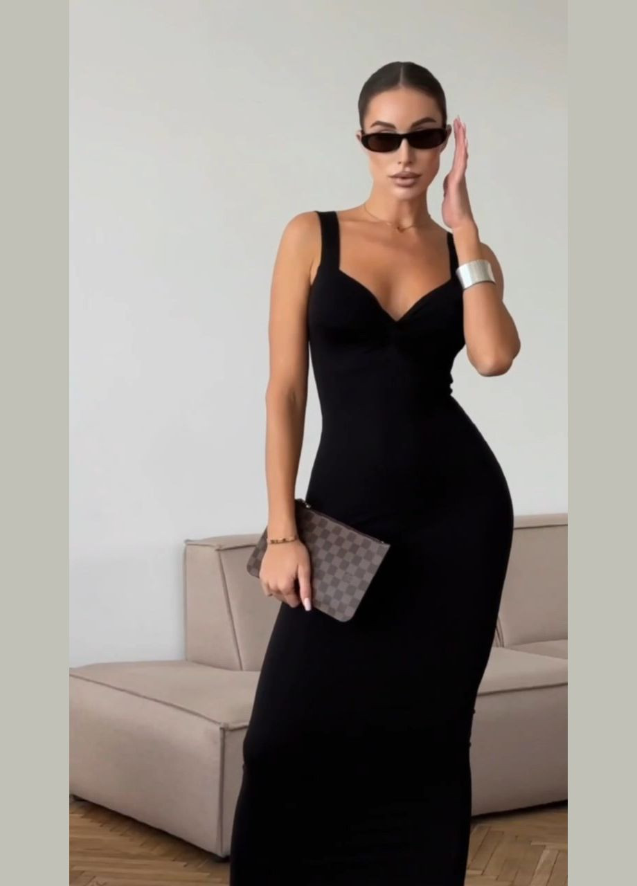 Черное вечернее платье меди с вырезом на декольте силуэтная MonCher