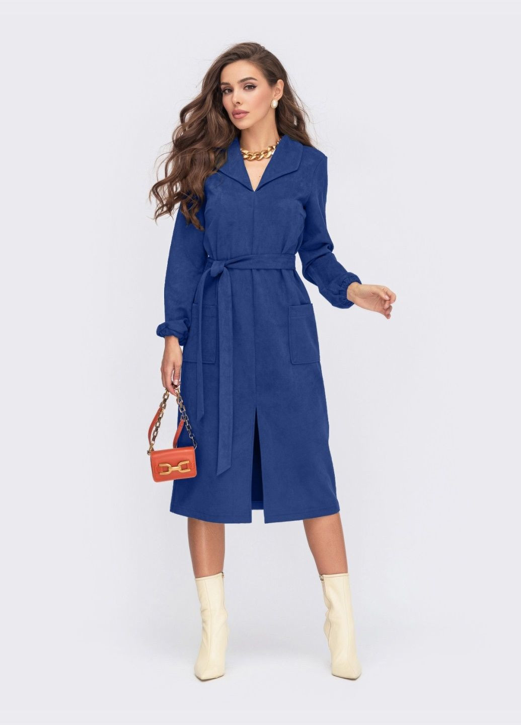 Синее замшевое платье с карманами и разрезом синее Dressa