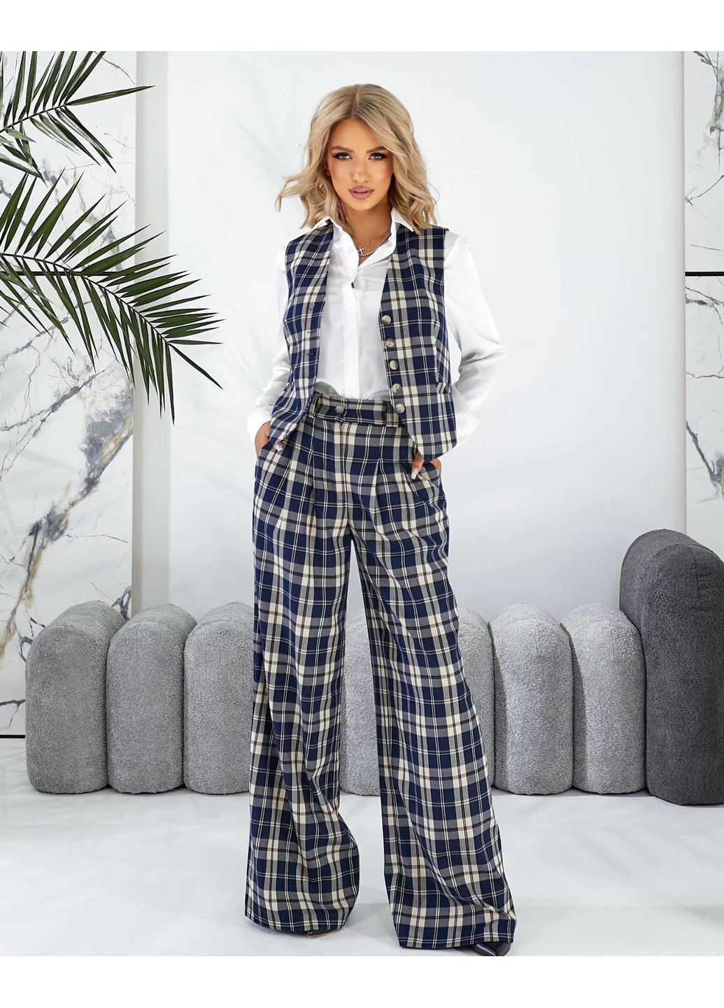 Женские брюки палаццо из костюмной ткани в сине-бежевую клеточку (ll193663364) LadyLike (362693015)