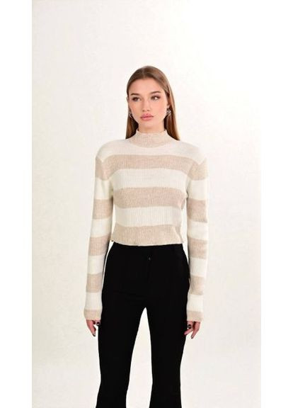 Бежевый демисезонный женский укороченный свитер, в полоску, шерсть/акрил (арт. 420) No Brand