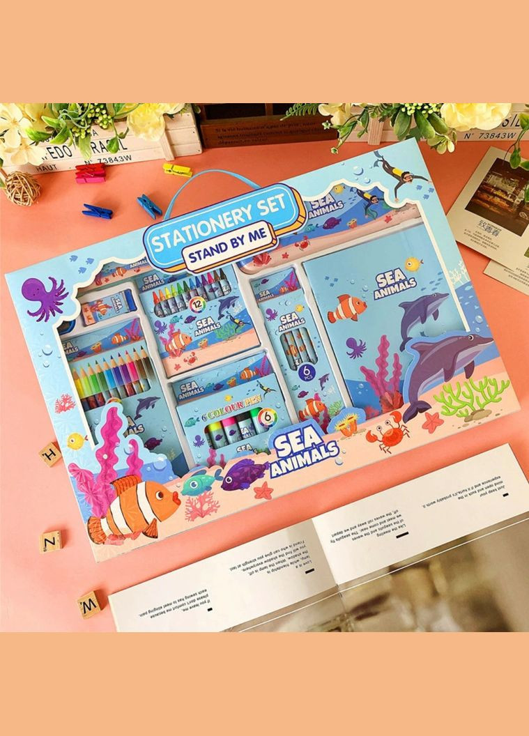 Творчий набір для малювання з пеналом, олівцями та маркерами, стиль Морська тематика, для дітей No Brand (369802988)