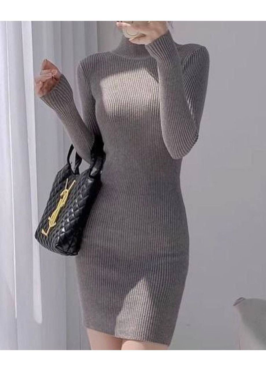 Сіра кежуал в’язана сукня з високим коміром No Brand однотонна