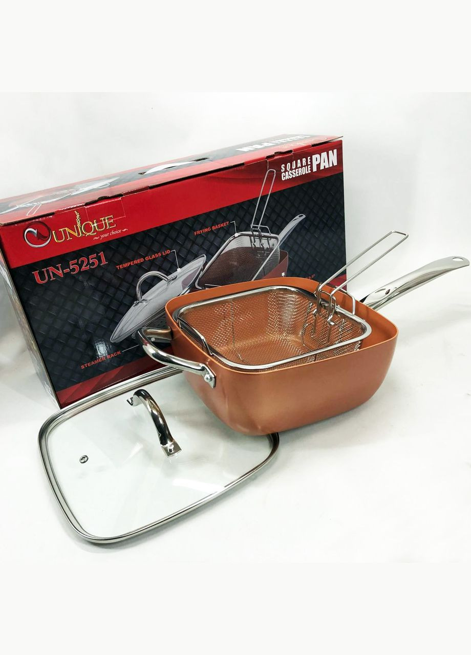 Сковорода-фритюрниця UN-5251 квадратна антипригарна з пароваркою та каструлею + скляна кришка 24 см Unique (367860883)