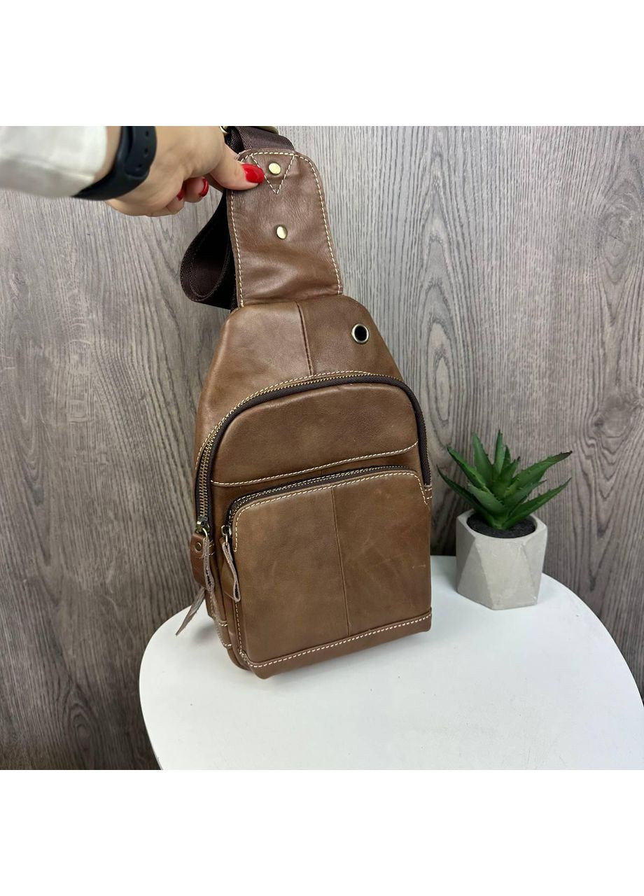 Мужская кожаная бананка на грудь коричневая сумка-слинг для мужчин из натуральной кожи гладкая средняя жесткость ProDobro (363222014)