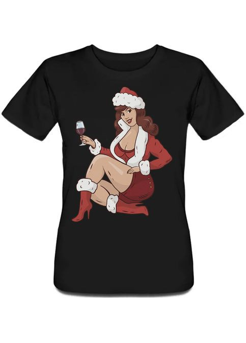 Черная летняя женская новогодняя футболка "pin up girl christmas" (чёрная) Fat Cat