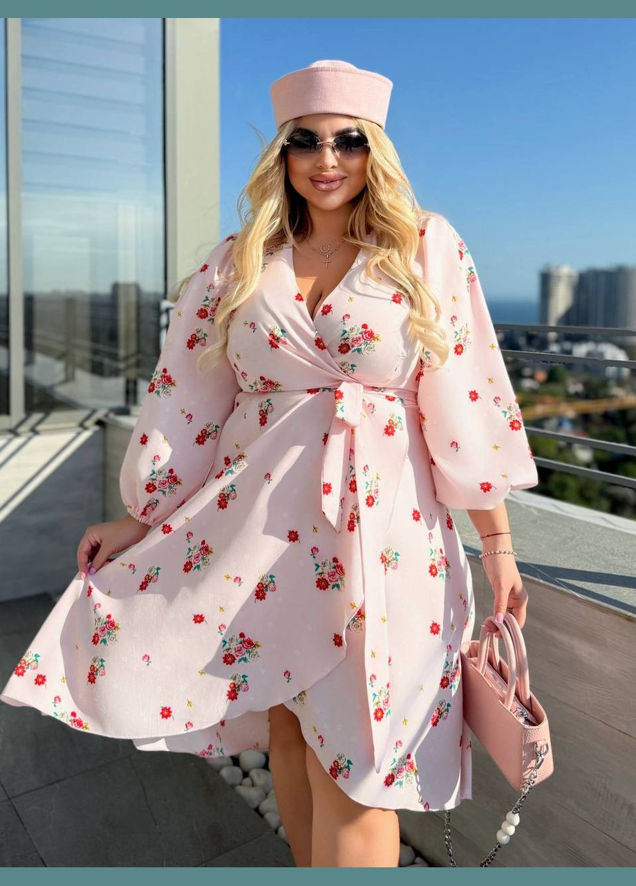 Розовое летнее розового цвета батальное платье в цветочном принте No Brand