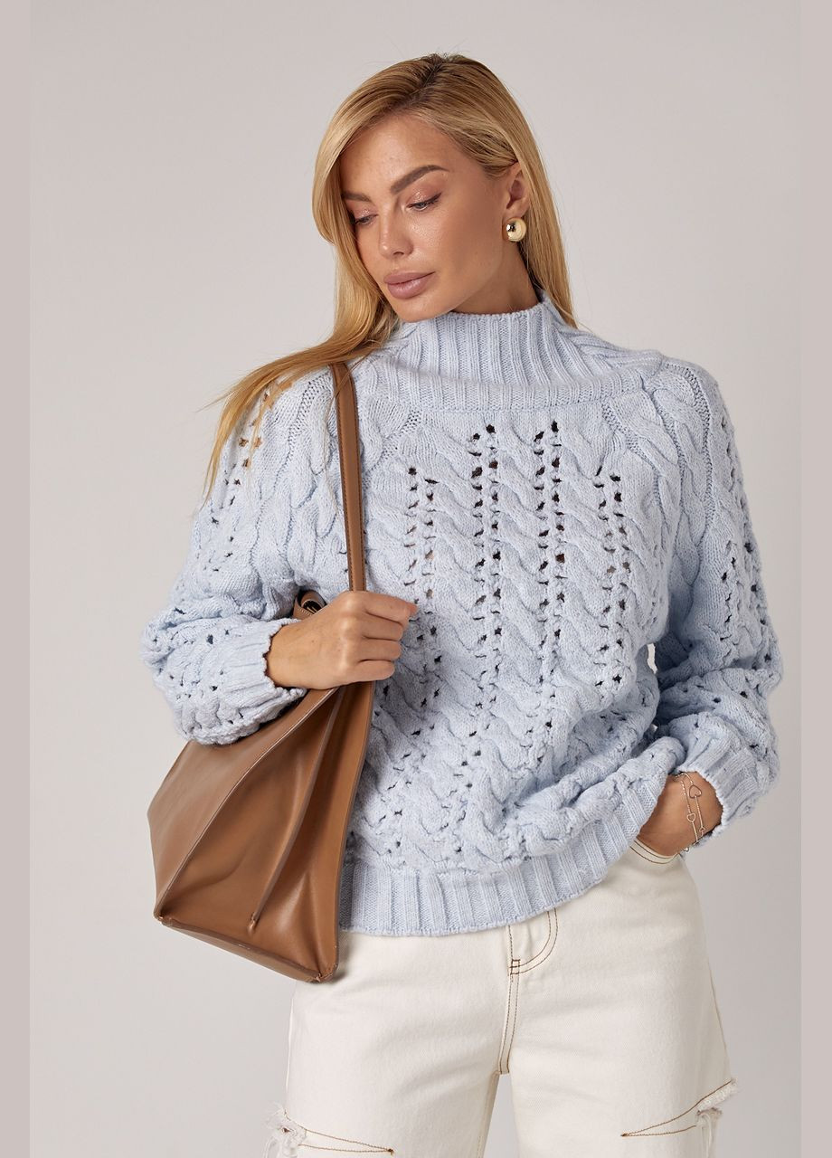 Блакитний зимовий жіночий в'язаний светр з ажурними візерунками Lurex