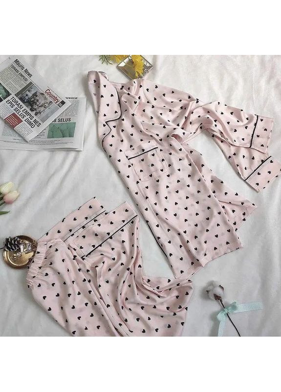 Светло-розовая всесезон женская комфортная пижама в милые сердечка "love morning", атласная брючная пижама для дома рубашка + брюки No Brand піжама в милі сердечка "Love morning" біло-рожевий