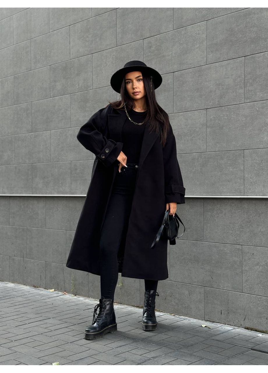 Черное демисезонное Женское пальто из турецкого кашемира на саржевой подкладке — стиль и комфорт (замеры в описании) Vione