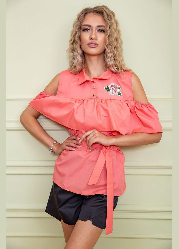 Персиковая демисезонная нарядная блуза с рюшей, цвета джинс, Ager