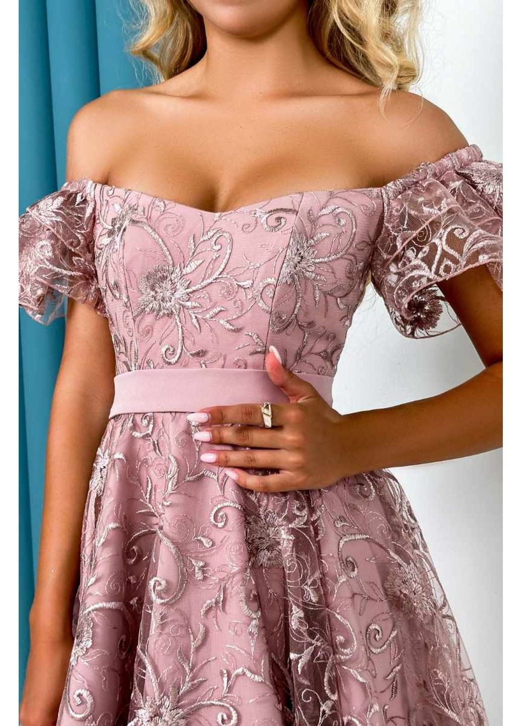 Рожева коктейльна сукня "ніжний гіпюр" 24036 фрезова Tanita-Romario
