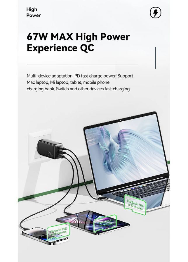 Зарядний пристрій 67W GaN 2xUSB-С/1xUSB-A, QC4.0/PD3.0/Fast Charge, Black Essager (302245153)