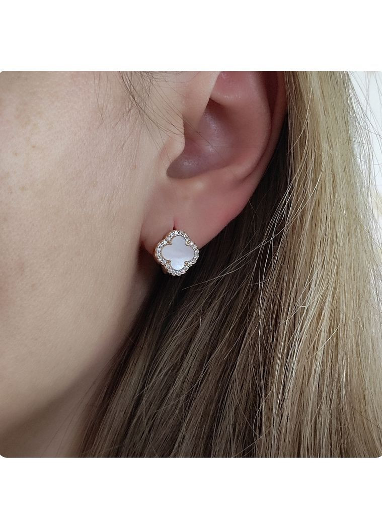 Срібні сережки в позолоті у стилі Van Cleef (Ван Кліф) конюшина з Перламутром та камінчиками No Brand (371797991)