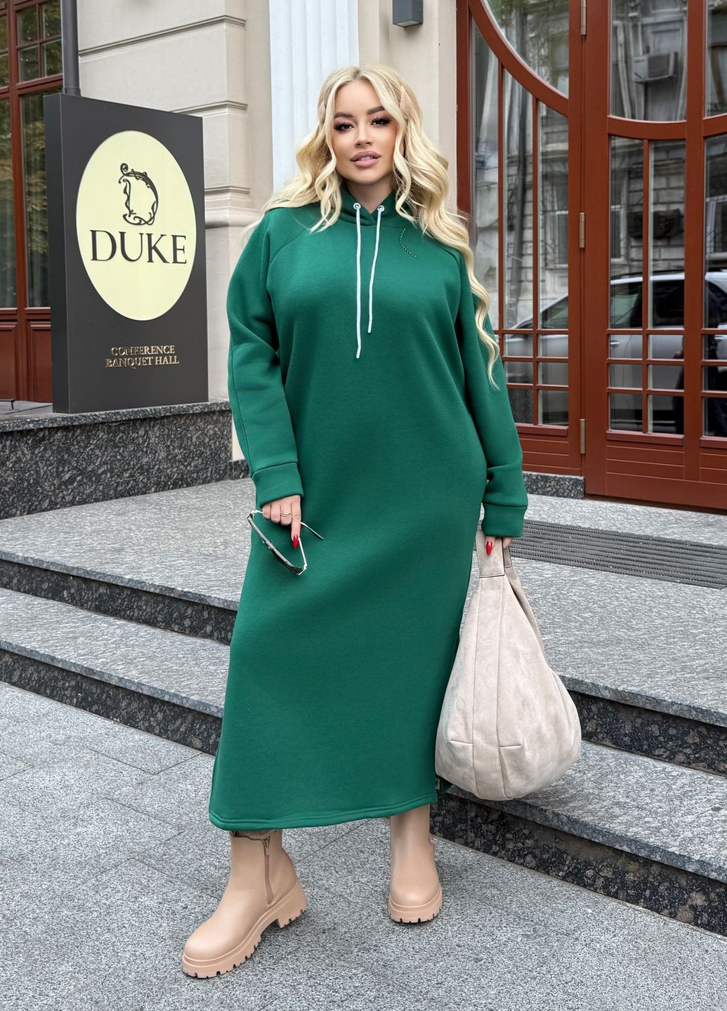 Зелена спортивна, повсякденний, кежуал сукня-худі максі на флісі з капюшоном оверсайз фасону оверсайз, сукня-худі No Brand однотонна
