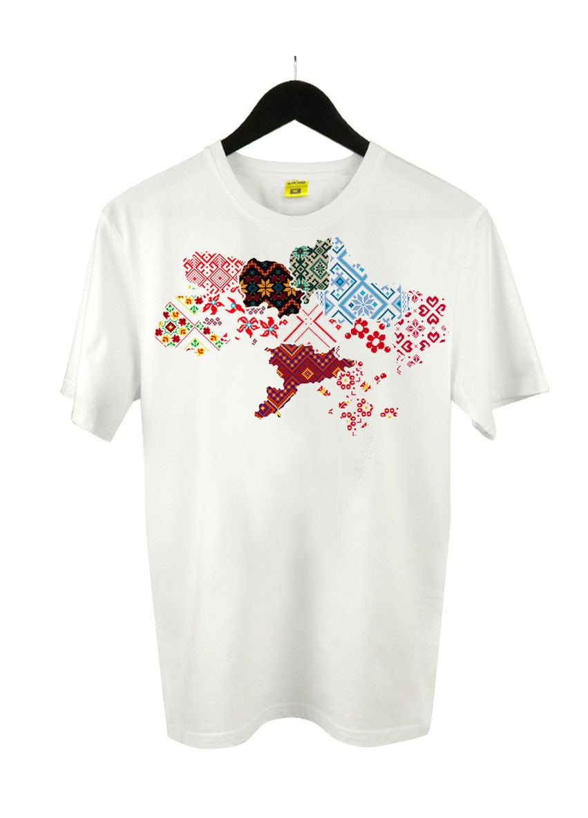 Футболка (Кулір) біла з коротким рукавом з принтом Мапа України вишиванка 4PROFI - (322301807)