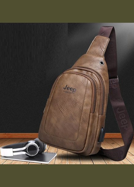 Чоловіча бананка сумка на груди, барсетка на плече кросбоді слінг з USB екошкіри Темно-коричневий(BRT) Jeep (336552033)